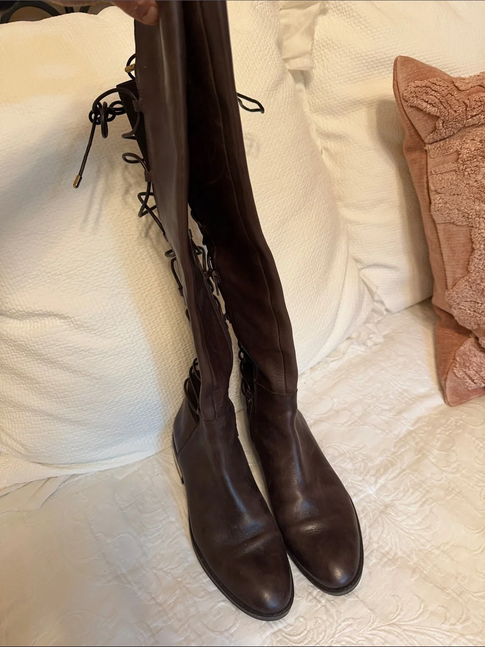 Vince Camuto Dark Brown Over-the-Knee Lace-Back Riding Boots. Sz 7.5 exc cond